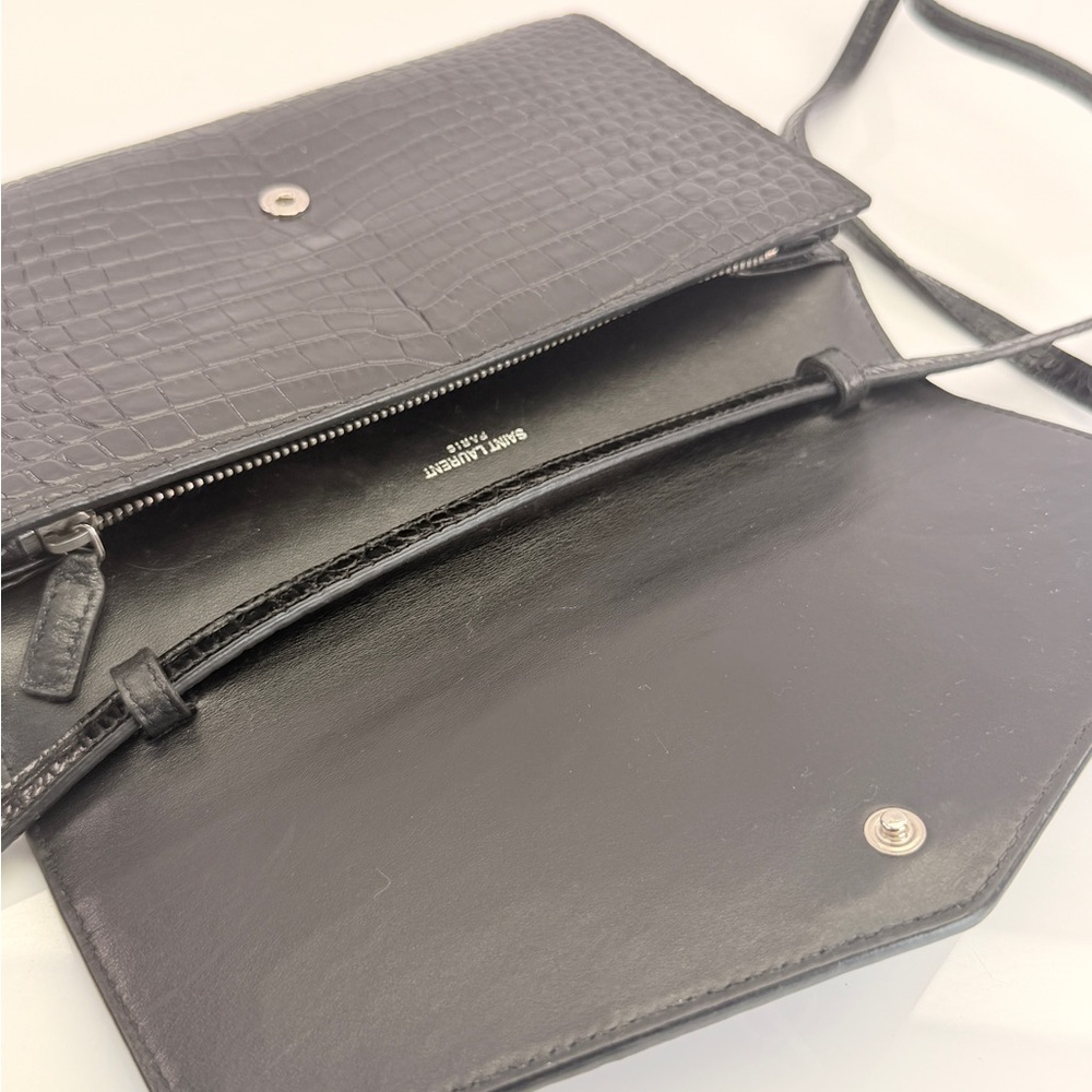 Saint Laurent Cassandra Black Croc-Embossed Envelope Wallet Crossbody Bag - Picture 9 of 15